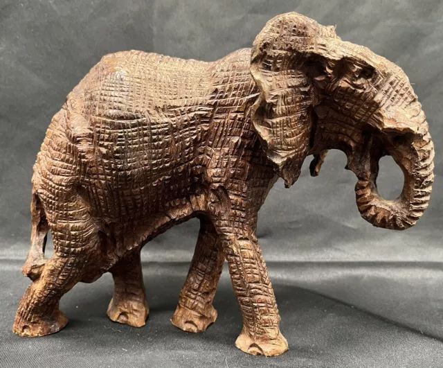 Vintage Hand Carved Teak Wood Elephant Figurine Sculpture