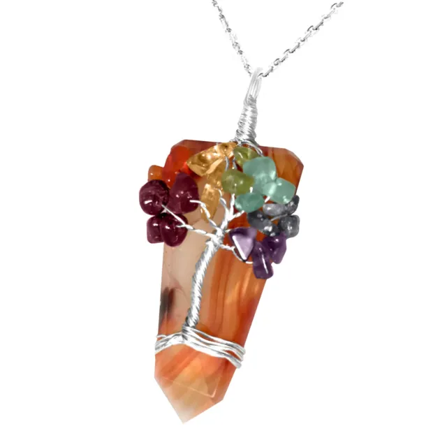 Carnelian Crystal Tree Of Life Chakra Pendant Silver Wire Wrap Gemstone Necklace