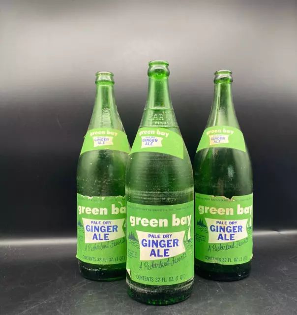 Vintage GREEN BAY BEVERAGE Packerland 32oz Soda Pop GLASS QT BOTTLE Ginger Ale