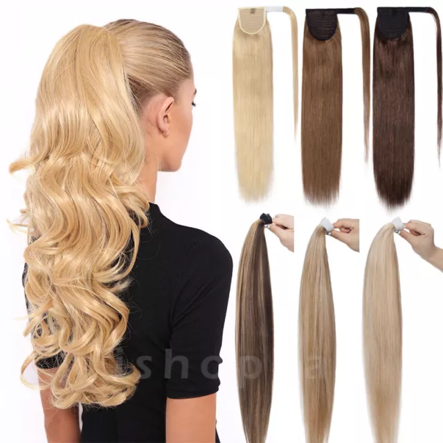 Lang REMY Echthaar Pferdeschwanz Ponytail Extensions Clip In Zopf Haarteil Glatt