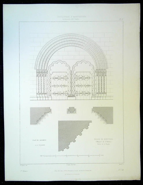 Ancienne Gravure d'Architecture Eglise de Montreal (Yonne) Porche de la façade