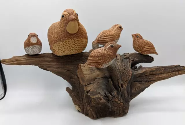 Vintage Hand Carved Painted Quail Mother  5 Baby Birds Driftwood Signed Large