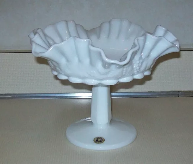 Vintage Westmorland Paneled Grape Milk Glass Ruffled Pedestal Compote Bowl Label