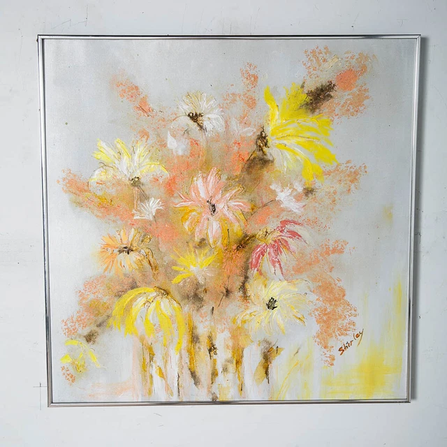 Mid Century Modern Painting Original Art Abstract Flowers Floral 1970s Square 30