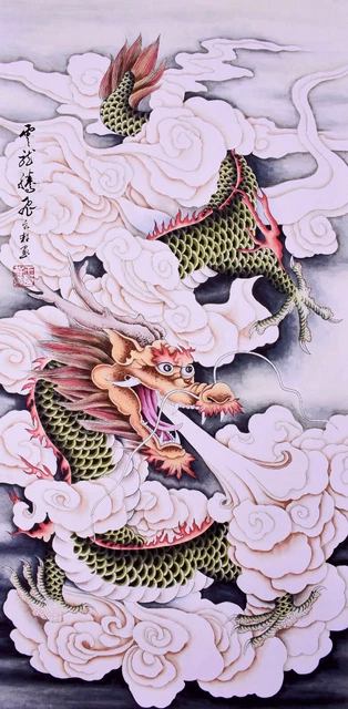 100% ORIENTAL ASIAN ART CHINESE ANIMAL WATERCOLOR PAINTING-Great Dragon king