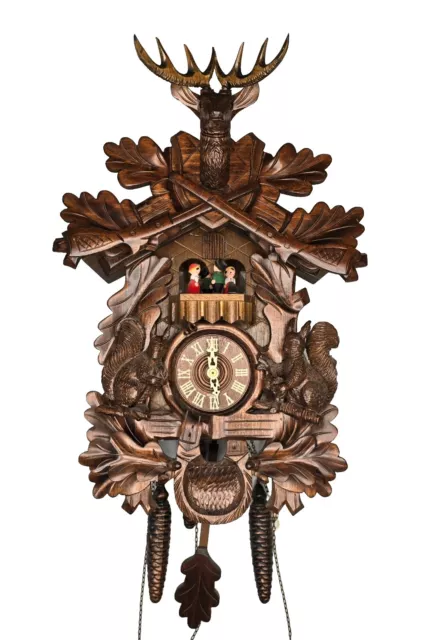 17" Hunters Musical German Cuckoo Clock Dancers Oak Leaves Rifles Buck Read Info