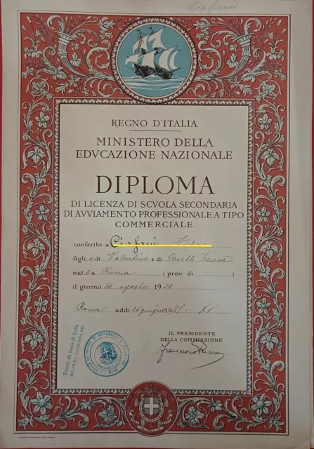 Regno D'italia Diploma Di Ammissione Di Licenza Commerciale 26.06.1939