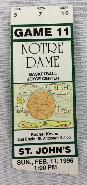 1996 02/11 St. John's at Notre Dame Basketball Ticket Stub - Seat 10