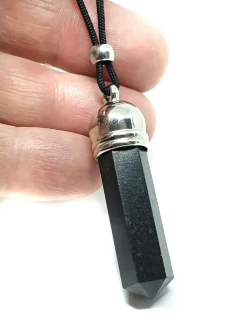 Black Tibetan Tourmaline Crystal Scalar Gemstone Pendant Cord Schorl Protection