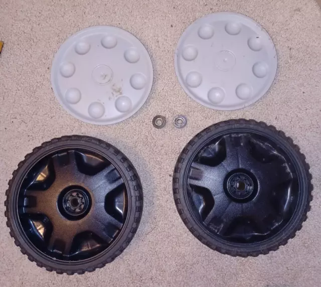 Set Of 2 Troy-Bilt TB110 Rear Wheels And Hubcaps With Attaching Bolts