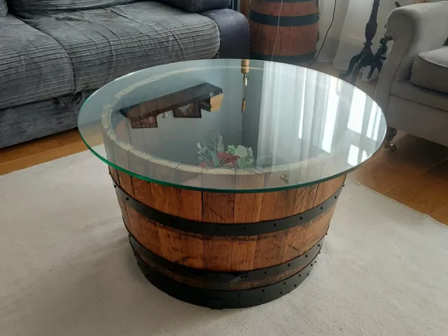 2 In One Unique Barrel Coffee Table Wine Display With Tempered Glass Top