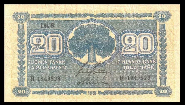 🇫🇮  FINLAND 20 Markkaa 1945 (ND 1948) Litt. B Pick-86 Scarce Banknote