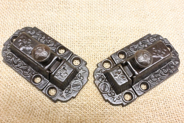 2 Old Cabinet Catches Cupboard Latches Cast Iron Knob 1871 Patent Vintage