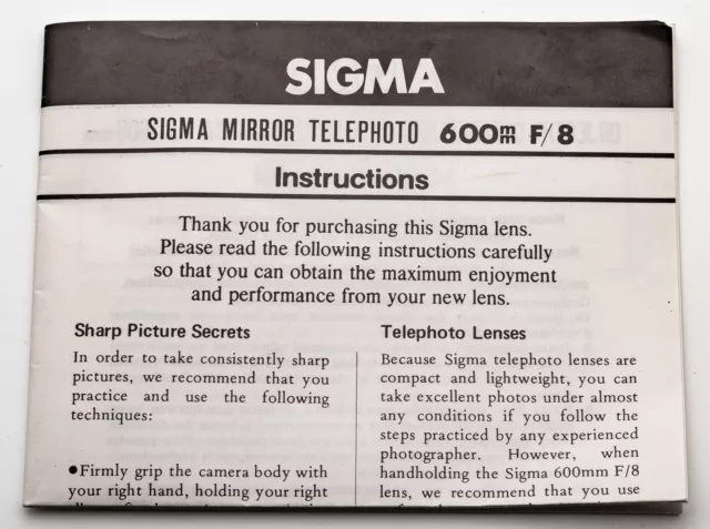 Instructions SIGMA Miroir Téléphoto 600mm F/8 Spiegel-Teleobjektiv Instructions