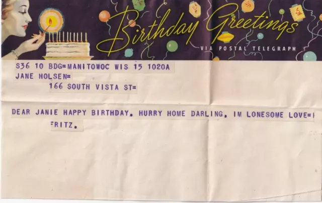 Postal Telegraph Birthday Greetings 1940, Love Message Sent to LA from Wisconsin