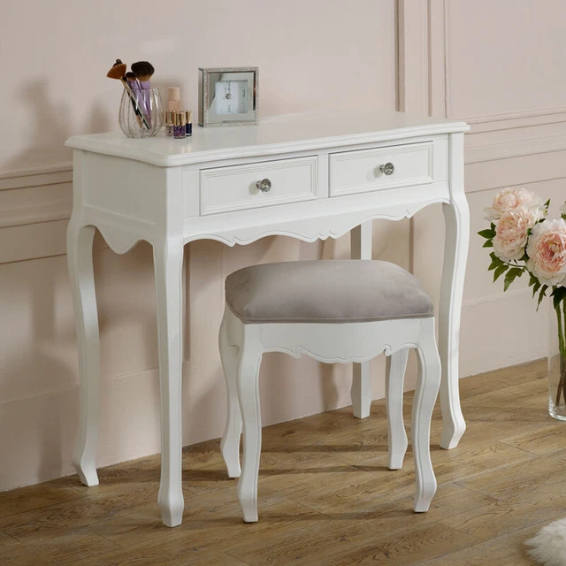 Vestidor blanco mesa taburete de terciopelo francés en mal estado chic muebles de dormitorio
