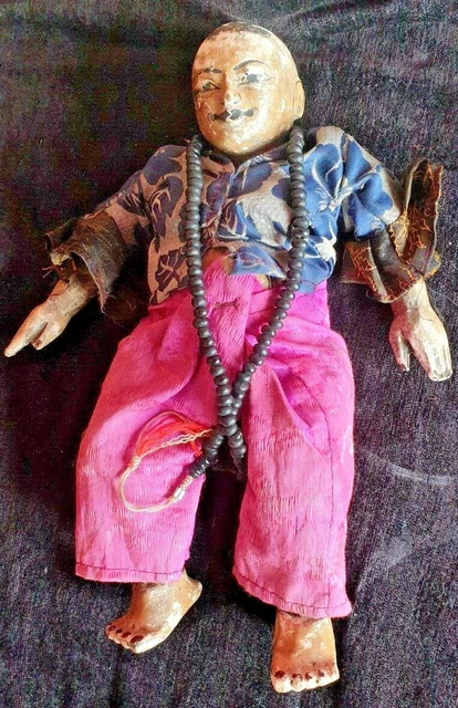 Vintage Myanmar Burma Buddhist doll puppet w prayer beads & brocade costume