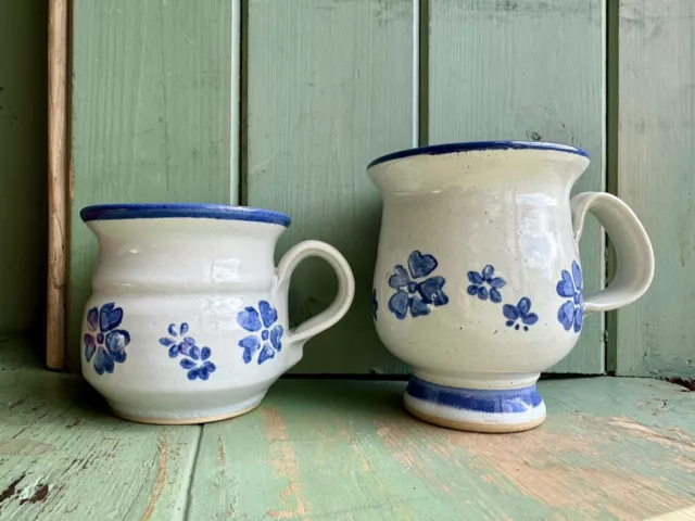 Vintage Moville Donegal Irish Studio Pottery Footed Mug & Cup Blue/White Floral