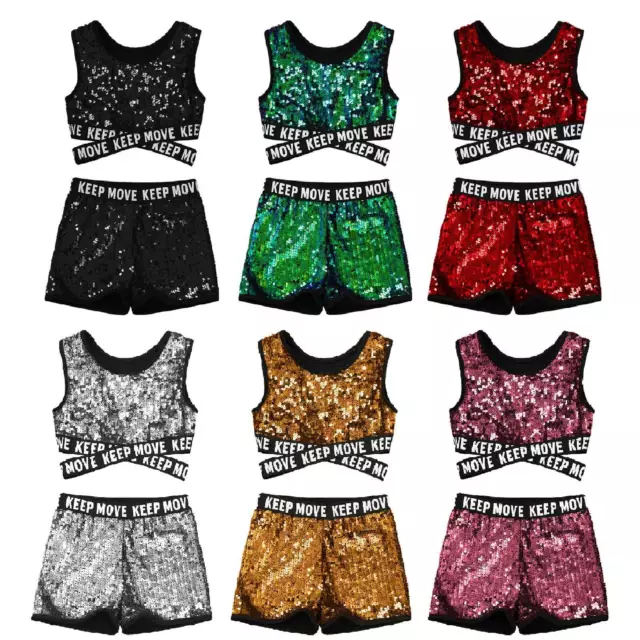 Kids Girls Sequin Hip Hop Dance Outfits Tank Tops + Shorts Performance Dancewear