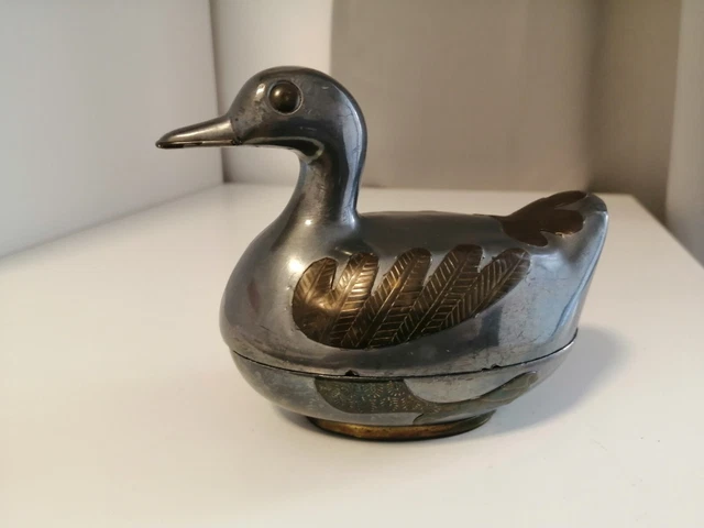 Vintage Oriental Chinese Pewter Brass Heavy Bird Duck Trinket Box 1960's