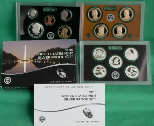 2015 S United States Mint Annual SILVER 14 Coin Proof Set Original Box and COA