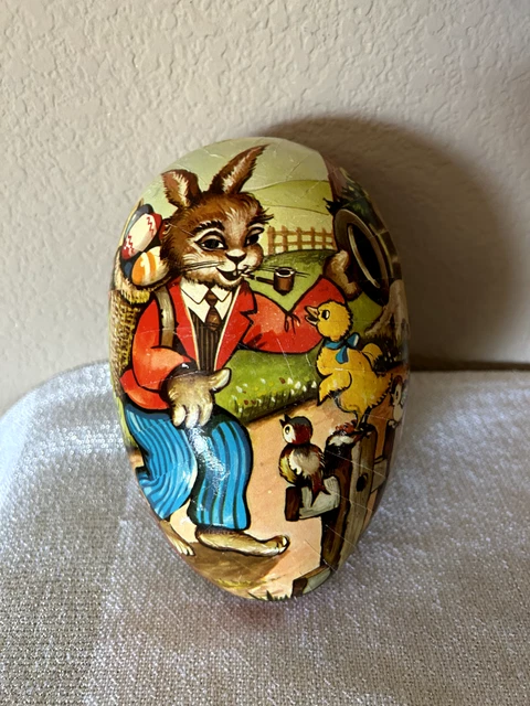 Vintage West Germany Large Paper Mache Easter Bunny Egg Candy Container  8"x5"