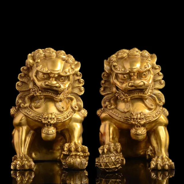 Pair Chinese Bronze Royal Feng Shui Evil Guardian Door Fu Foo Dog Lion Statue