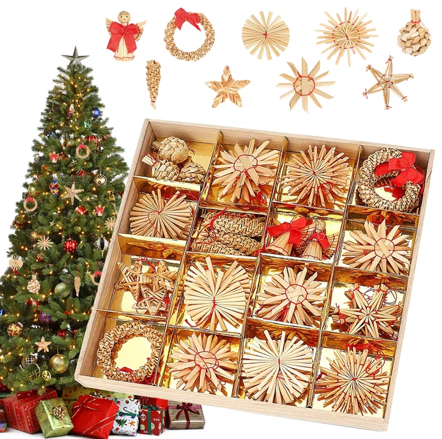 56-Tlg Strohsterne Set, Menge Baumschmuck Weihnachtsdekoration Geschenk, NEU