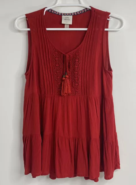 Knox Rose Women’s S Small Red Tank Bohemian Top  Embroidered Sleeveless Tassels