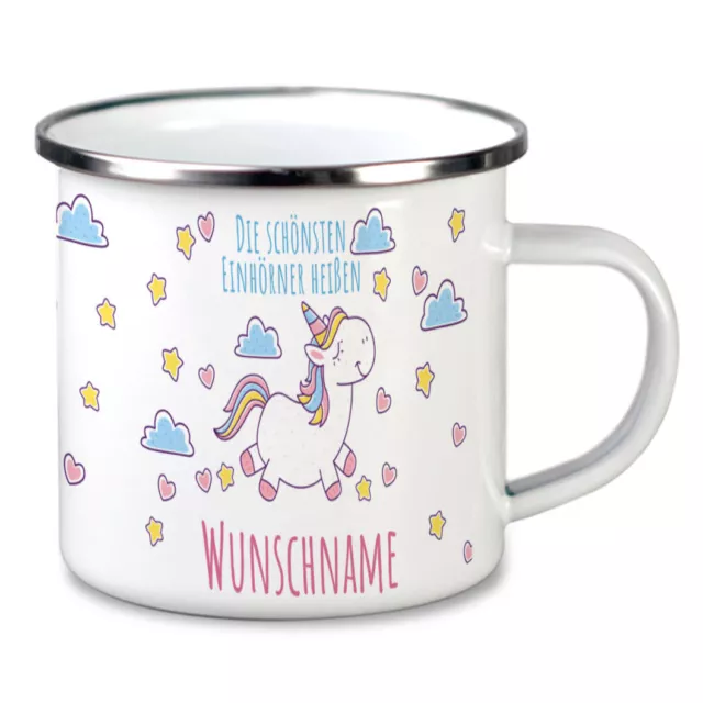 Emaille Becher Einhorn Tasse mit Namen Kindertasse Wunschname Kaffeebecher