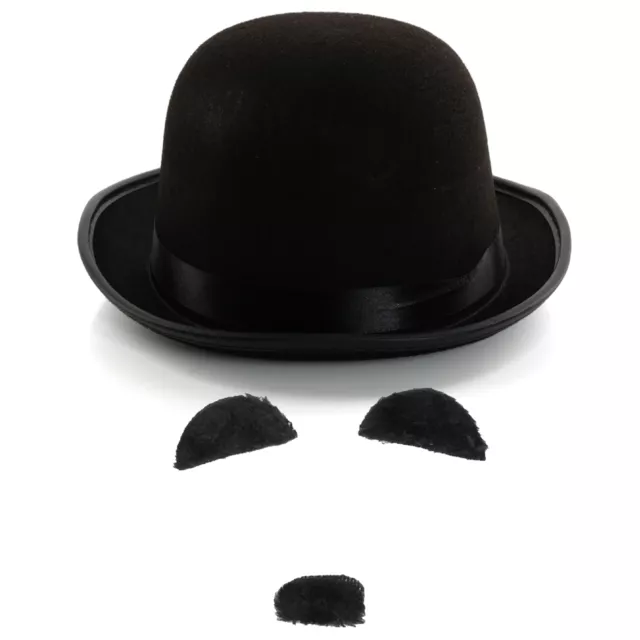 Silent Movie Costume Set Classic Bowler Hat Moustache Mens 1920s Fancy Dress