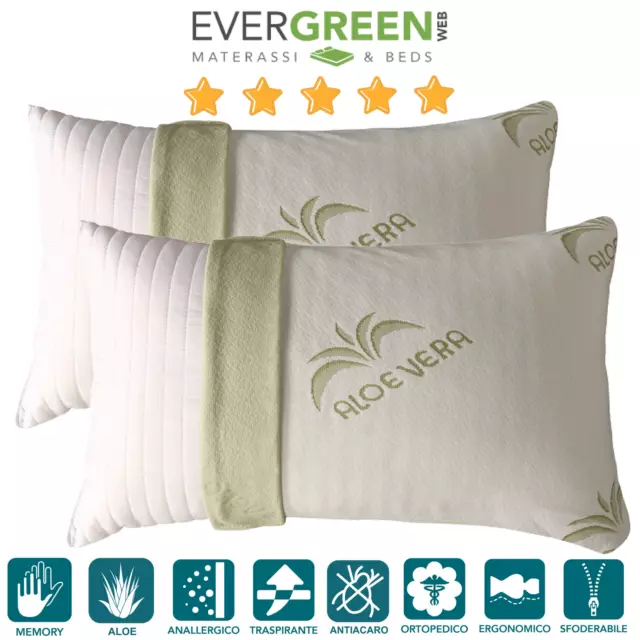 COPPIA CUSCINI MEMORY FOAM SAPONETTA SFODERABILE ALOE VERA H13cm Evergreenweb 💚