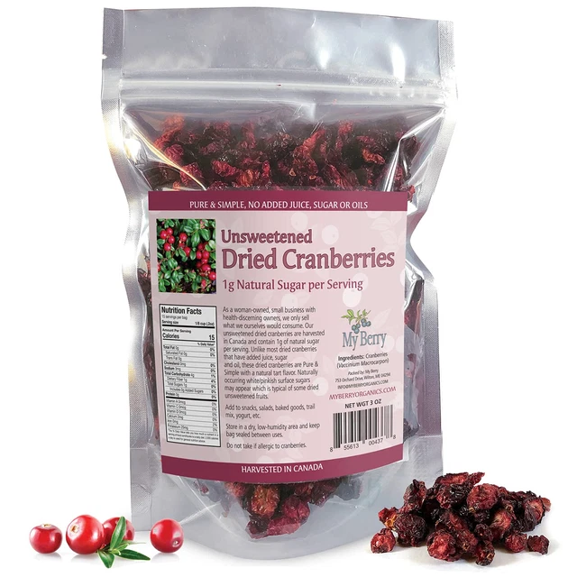 Unsweetened Dried Cranberries, No Added Sugar, Juice or Oils, 1G Natural Sugar p