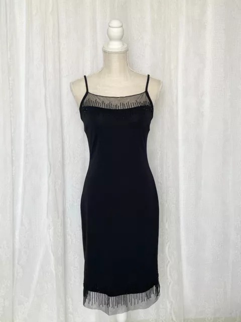 VTG Cache Beaded Strappy Mini Dress Black Size 2 Mesh Formal 90s Formal Prom