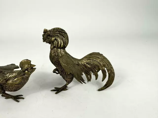 Vintage Messing Paar Hahn Henne Guss Mid Century Huhn Retro Deko Figur Skulptur 3