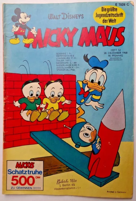 1 Micky Maus Heft Nr. 52 aus 1968, mit Sammelbild, siehe Fotos, Zustand 2