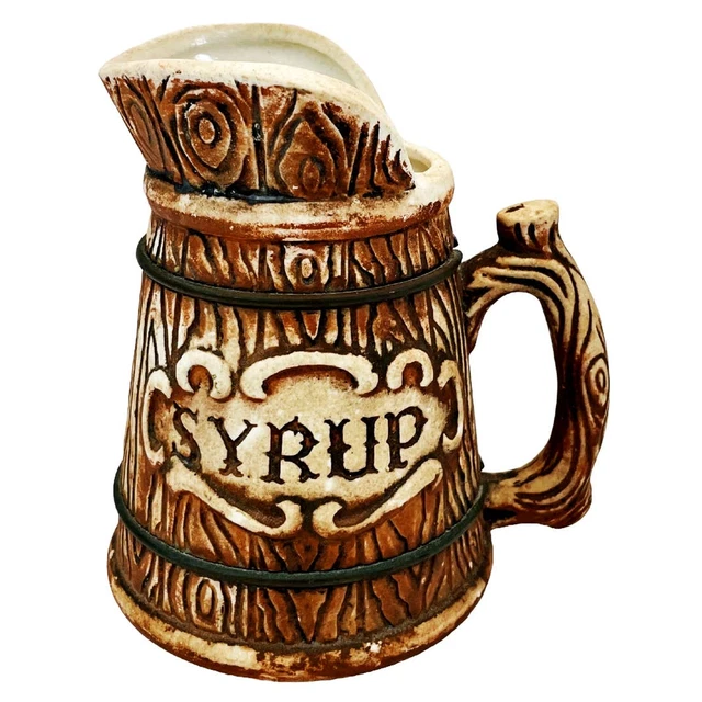 VINTAGE TREASURE CRAFT 1957 Faux Wood Barrel Ceramic Syrup Pitcher $24.