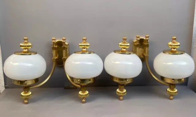 Pair ORION Vintage German Wall Double Lamp Light Solid Brass Milk Opaline Glass