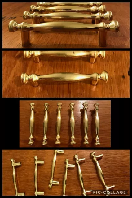 6 HANDLES Colonial Polish Brass Pull Drawer Cabinet Mid Century English Vintage