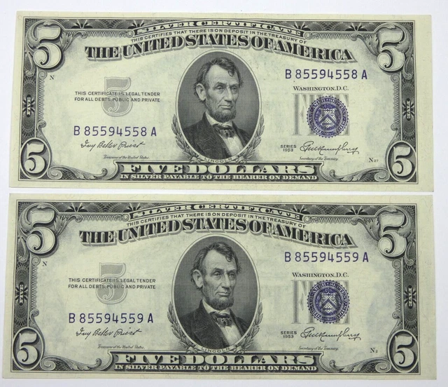 Consecutive PAIR Series 1953 $5 Blue Seal Silver Cert Notes ALMOST UNC Fr#1655