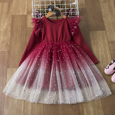 Kids Girls Lace Ruffles Tulle Pageant Gown Birthday Party Princess Wedding Dress
