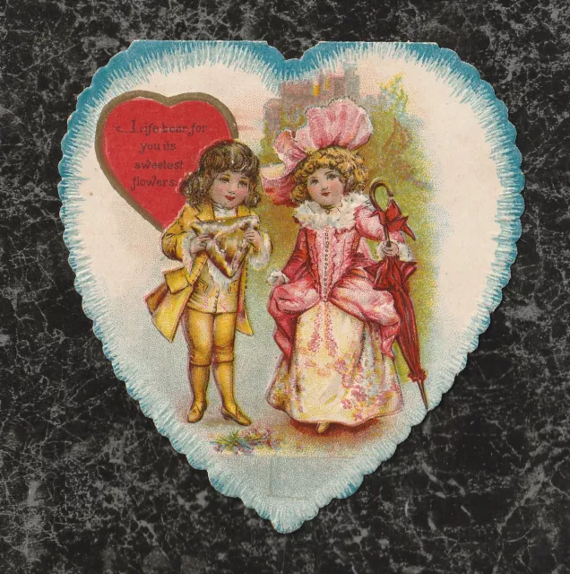 Victorian Die Cut Embossed Chromo Valentine Boy & Girl in Fancy Dress 4x3.5 Used