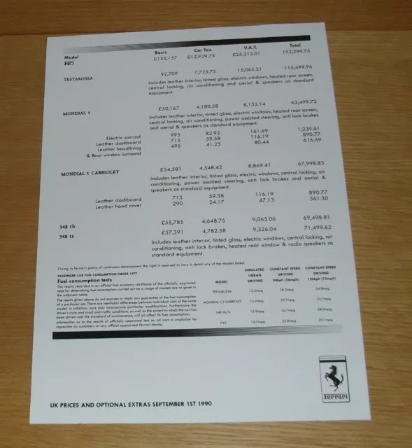 Ferrari Range Price List 1990-1991 - F40 Testarossa Mondial T 348 TB 348 TS