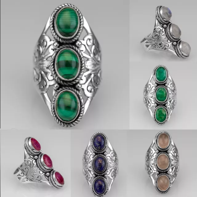 925 Sterling Silver Ladies Multi Stone Ring Moonstone Malachite Emerald Gemstone