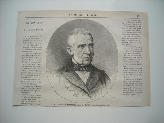 1877 Engraving. Vice-Admiral Touchard Depute Du 8Th Arrondissement De Paris. Expl