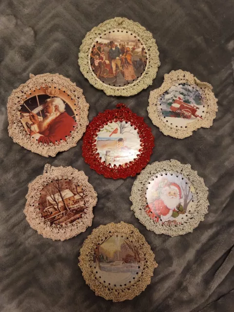 Vintage Handmade Crocheted Holiday Cards Christmas Ornaments  Lot Of 7