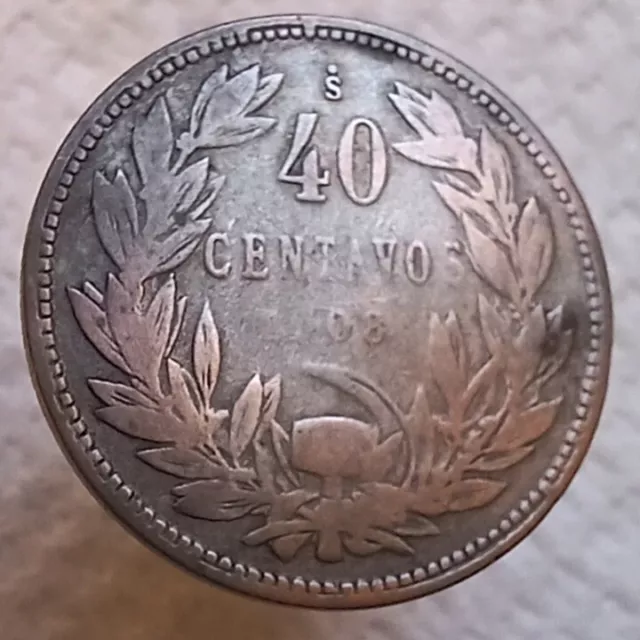 1908 Chile 40 Centavos Silver Coin   2 Years Minted Only