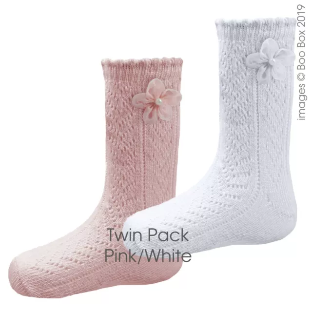 Pex Girls 2 Pack White Pink Mid-Calf Pelerine Flower Cotton Socks 0-24 Months