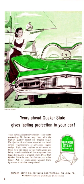 1956 Quaker State Motor Oil Vintage Print Ad Women Car Converible Sailboat Ocean
