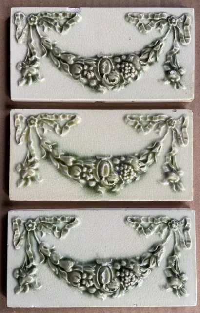 England - 3 Antique Art Nouveau Majolica Border Tiles C1900